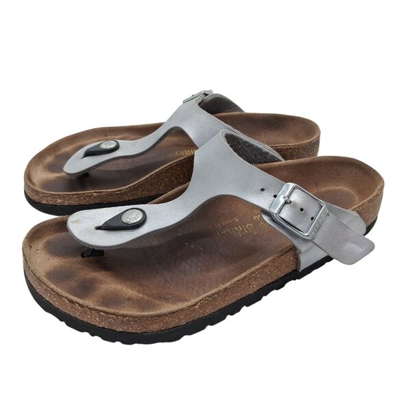 Birkenstock Gizeh Sandals Womens Size US 5-6 EU 36 Silver Thong Toe Cork Footbed - Picture 1 of 8